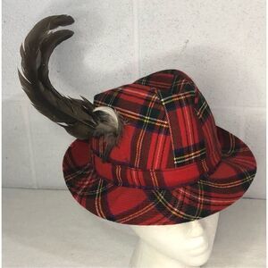 Vintage Christys London Scottish Plaid Wool Fedora Hat Feather Red SZ 7 5/8